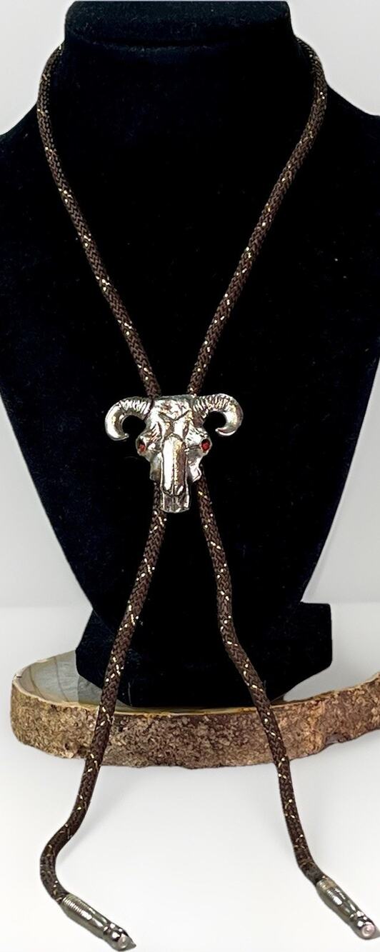 Western Ram Skull Bolo Tie Silver Tone Red Eyes Brown Braided Cord 33”